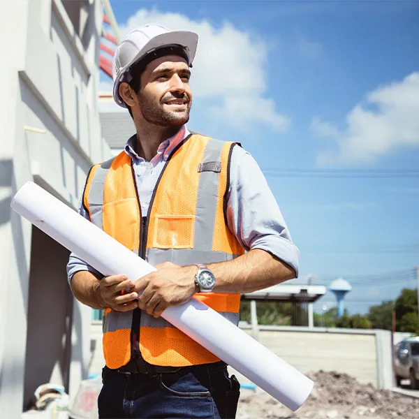 Construction worker in a safety vest and hard hat holding rolled blueprints at a building site under a blue sky.